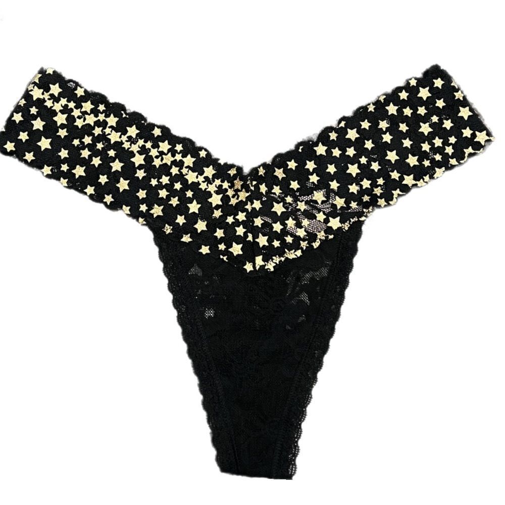 Victoria’s Secret Low Rise Lace Thong Panty Black with Gold Stars Medium